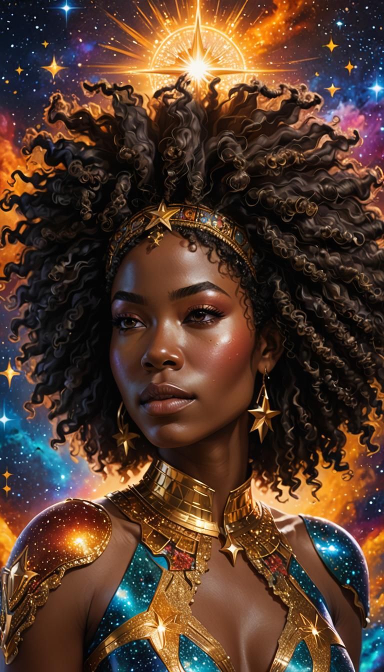 Celestial Afro Woman Portrait in Splash Art Style