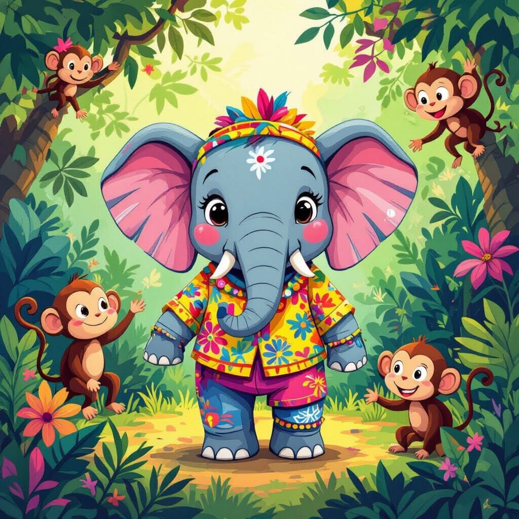Whimsical Elephant and Monkeys in Cartoon Style
