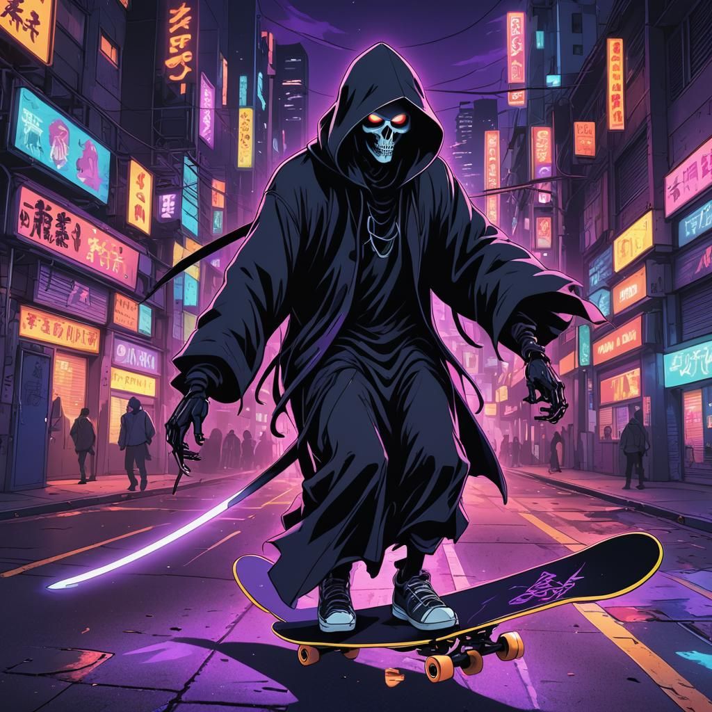 Grim Reaper Skateboarding in Neon City: Anime Style