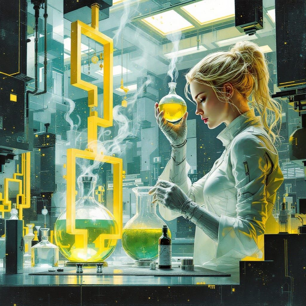 Cyberpunk Alchemist Emma Frost in Futuristic Laboratory