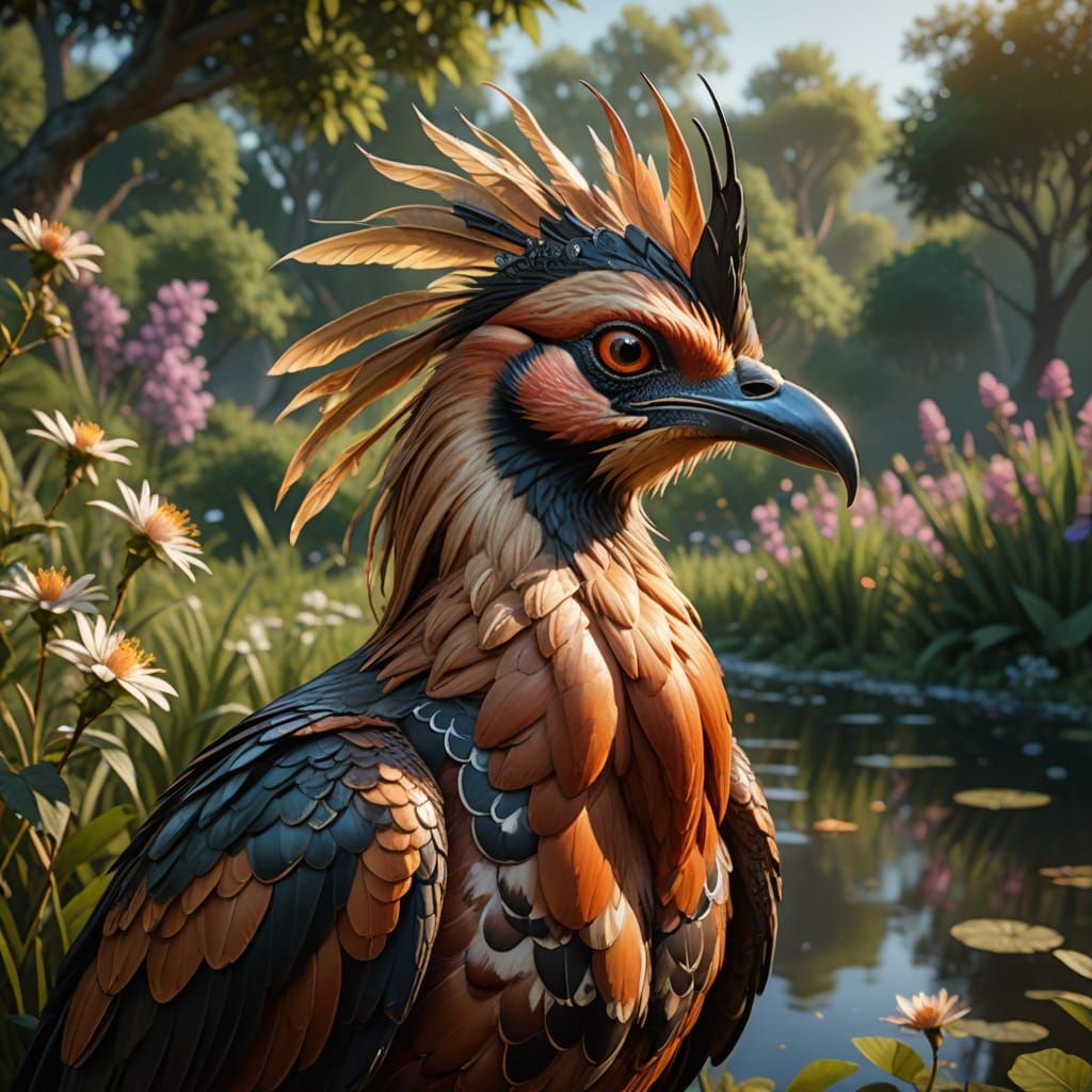 Vibrant Hoatzin Portrait in Whimsical Floral Setting