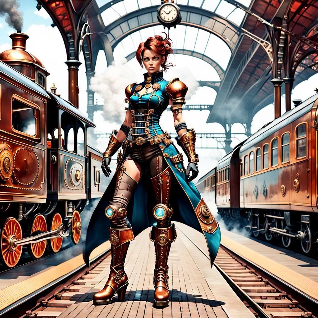 Steampunk Woman at Train Station in Detailed Digital Art