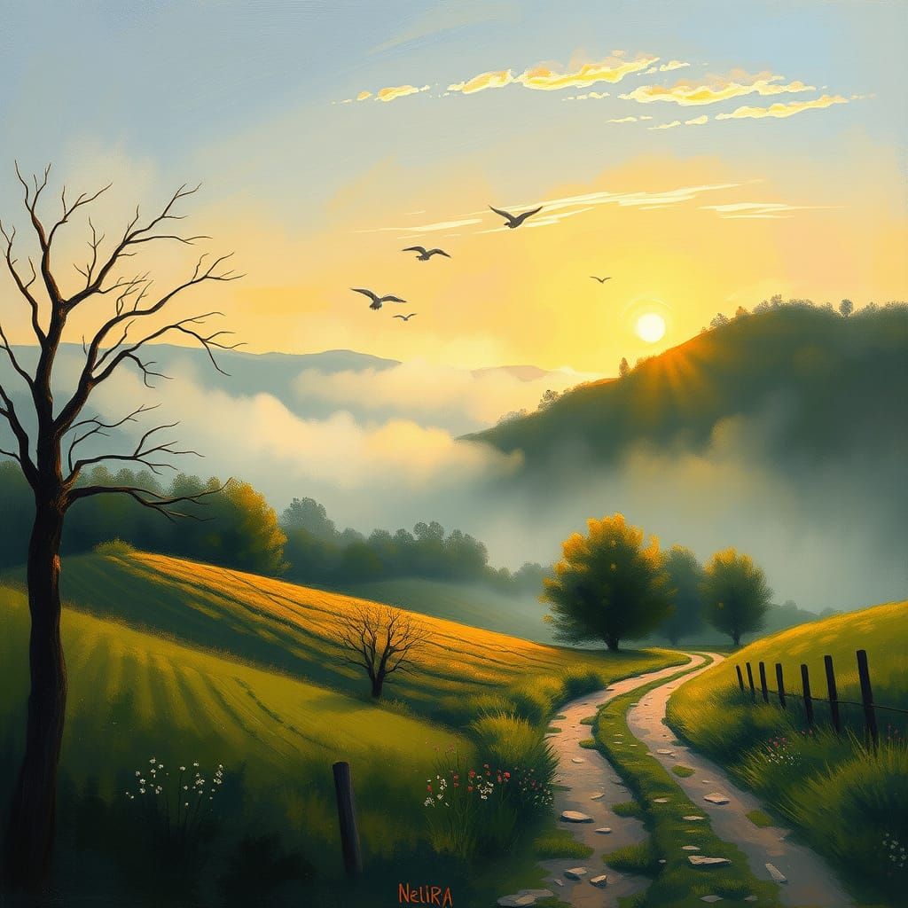 Idyllic German Countryside Dawn Scene in Whimsical, Dreamlik...
