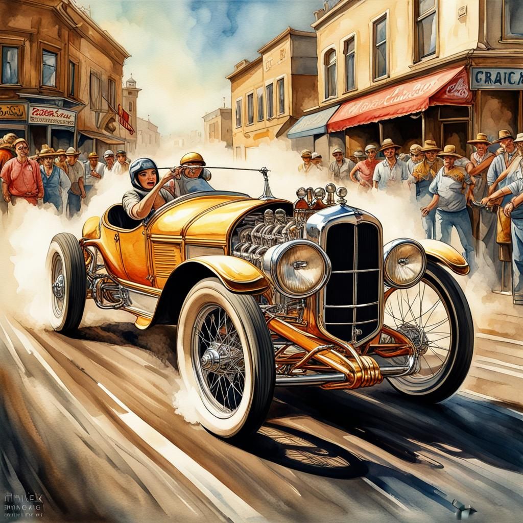 Antique Drag Racing with Majestic Women: Watercolor and Ink