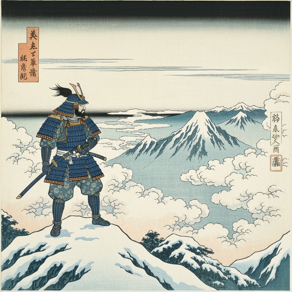 Samurai Warrior on Snowy Peak in Japanese Style