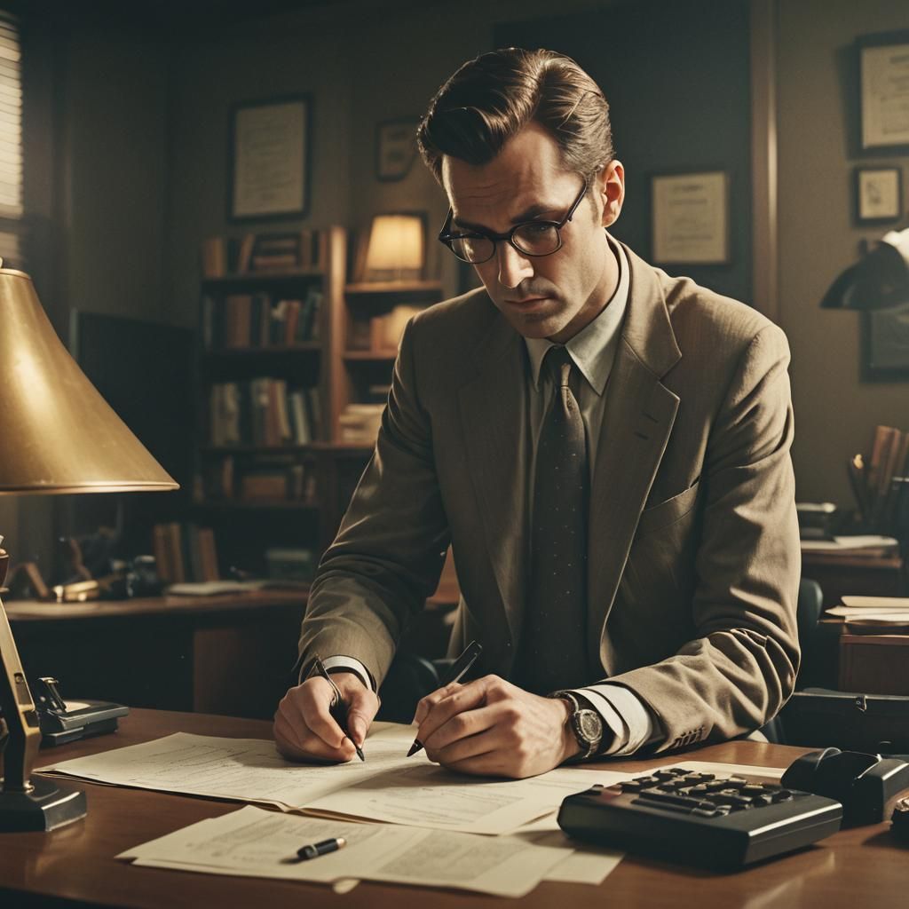 Accountant Studies Budget in Moody Cinematic Film Still