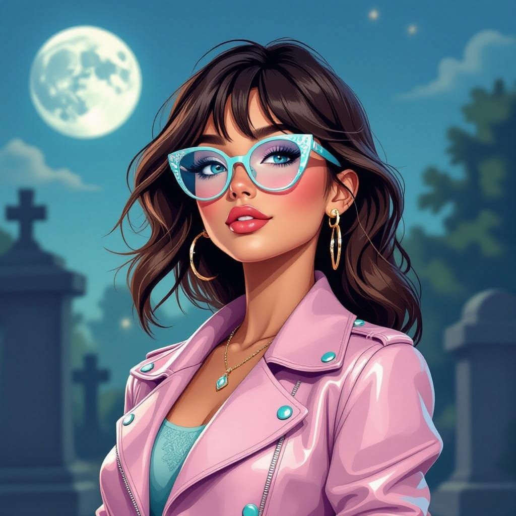 Confident American Beauty in Cemetery Under Moonlight