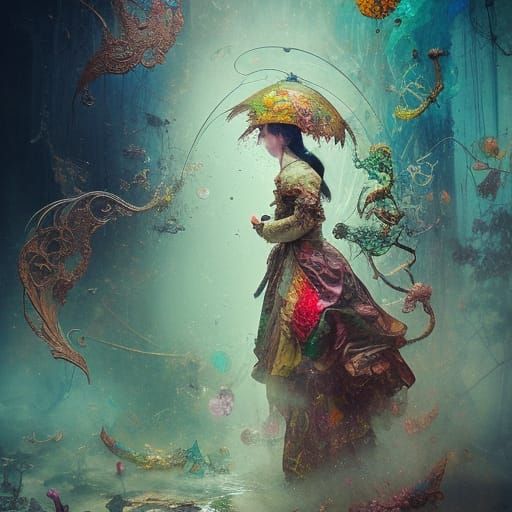 Steampunk Victorian Figure with Magical Waterfall