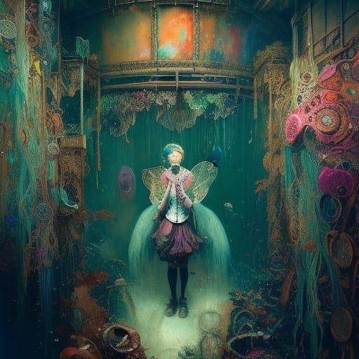 Steampunk Victorian Fairy in Magical Waterfallscape
