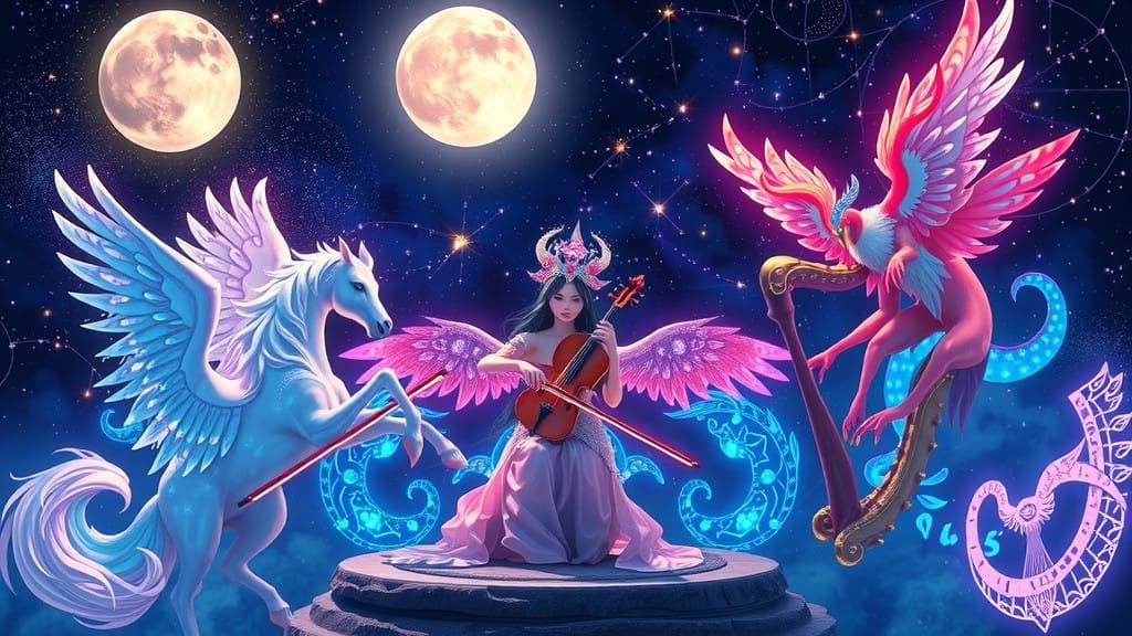 Celestial Harmony: Vibrant Creatures Unite Under Starlit Ski...
