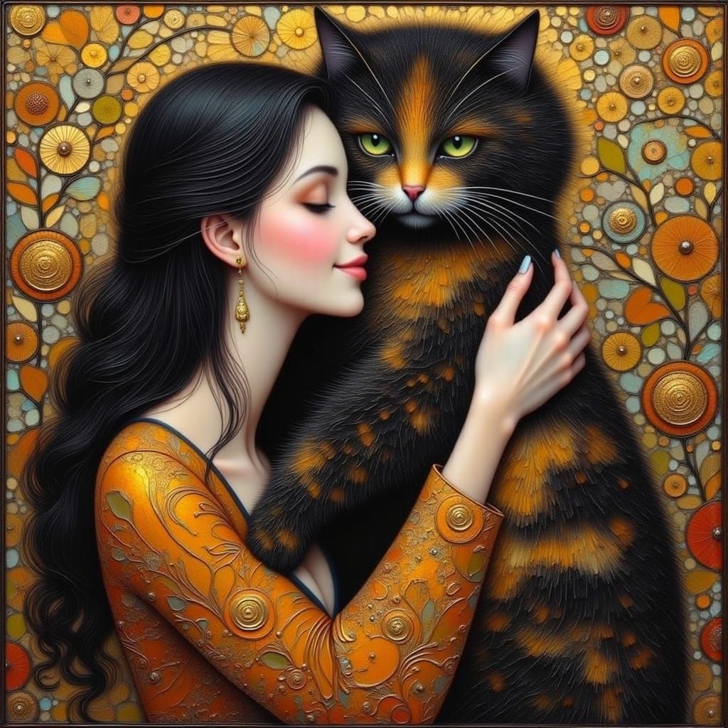 Woman and Cat Embrace in Klimt-Inspired Art Nouveau