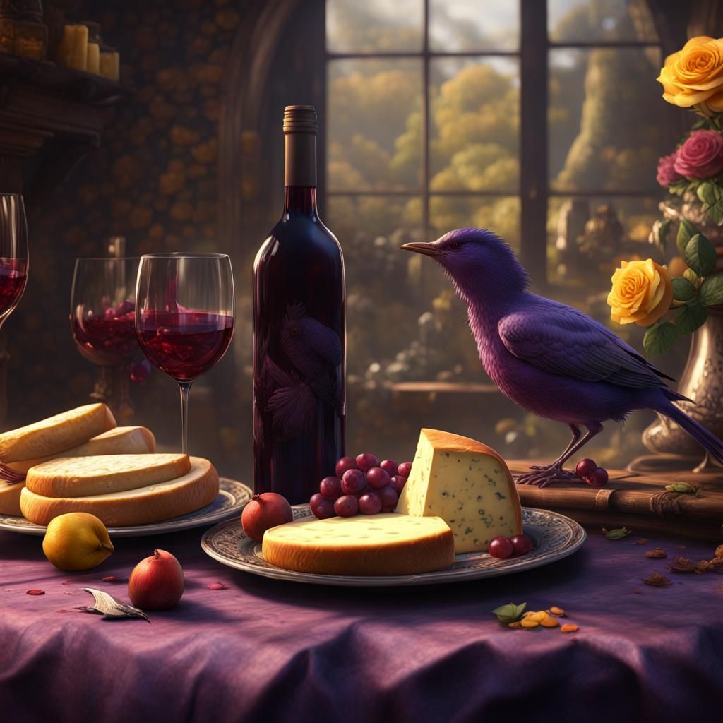 Dark Fantasy Still Life with Birds and Roses