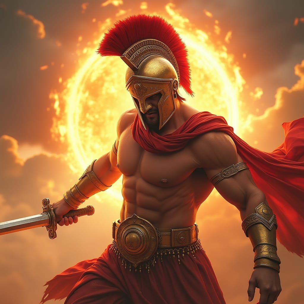 Greek Sun God in Golden Spartan Helmet with Red Mohawk
