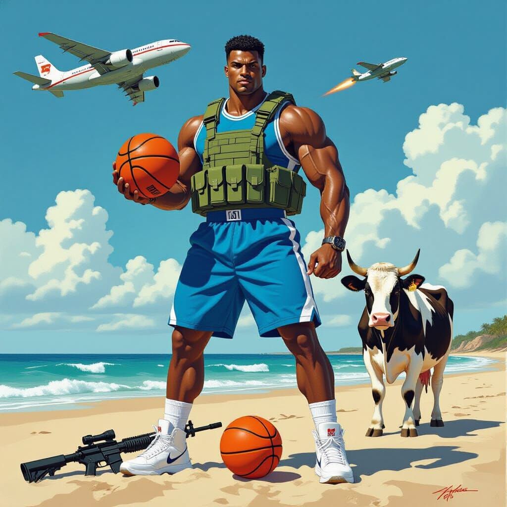 Muscular Warrior Plays Beach Basketball with Grenade