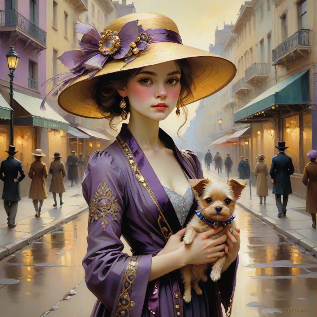 Art Nouveau Woman with Dog in Ornate Street