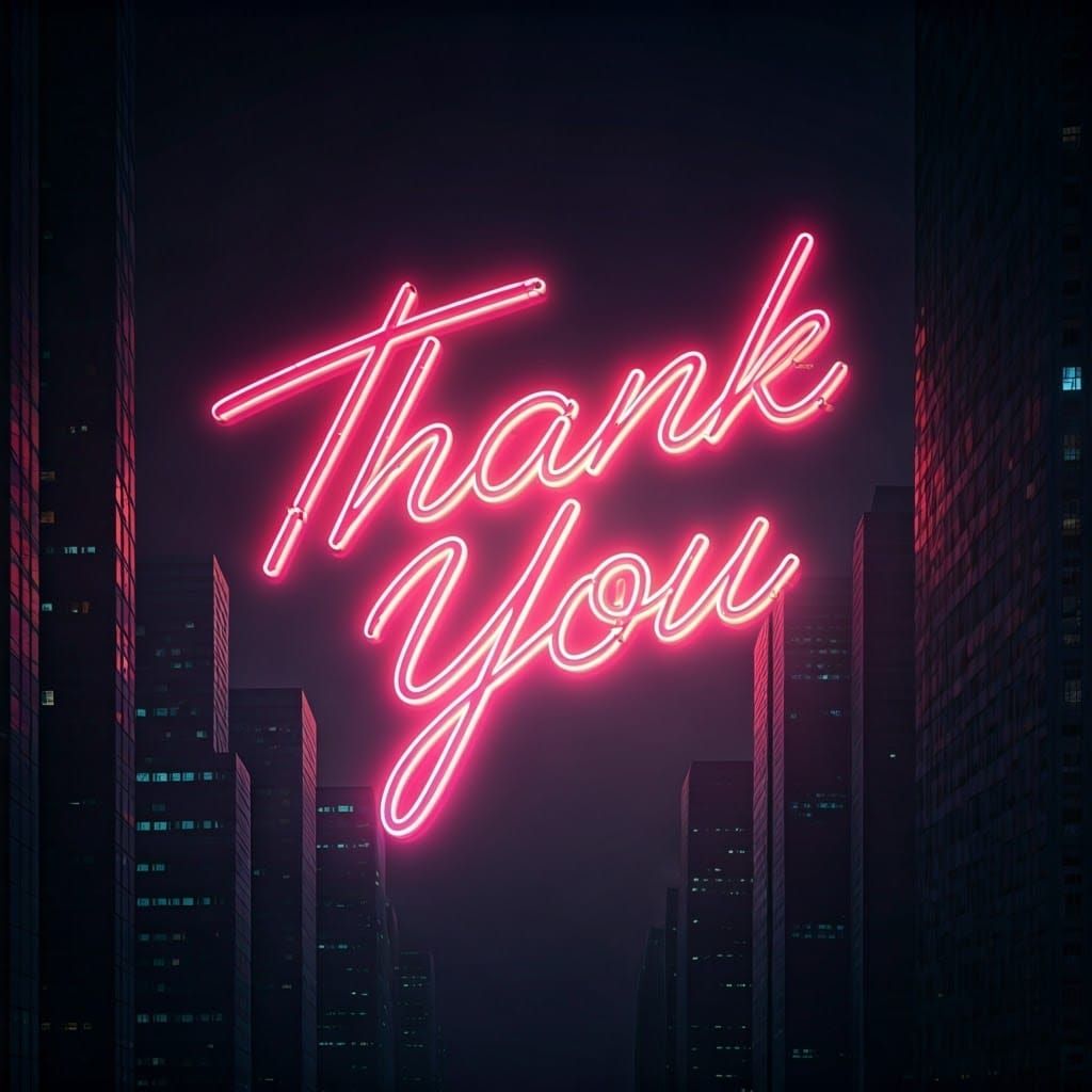 Neon Sign "Thank You" in Futuristic Cityscape