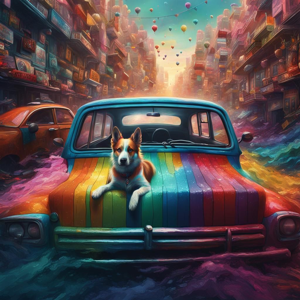 Colorful Dog in Car: Digital Matte Painting