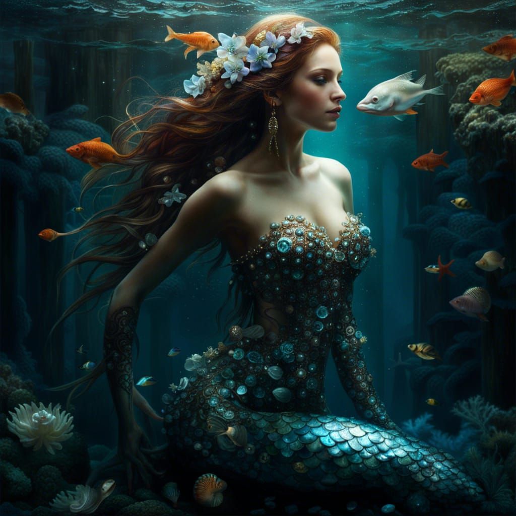 Ornate Mermaid with Aquatic Flowers, Photorealistic Digital ...