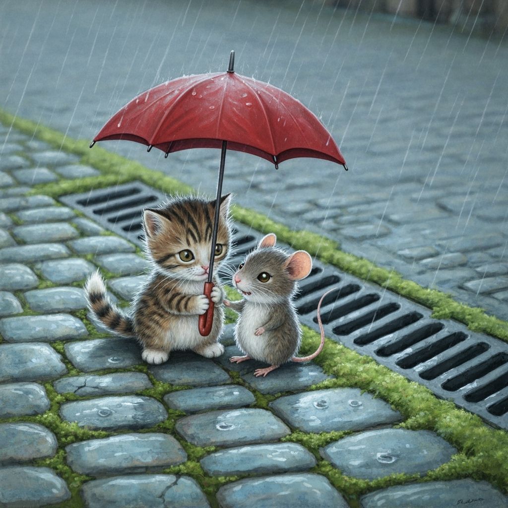 Kitten and Mouse Share Umbrella in Beatrix Potter Style