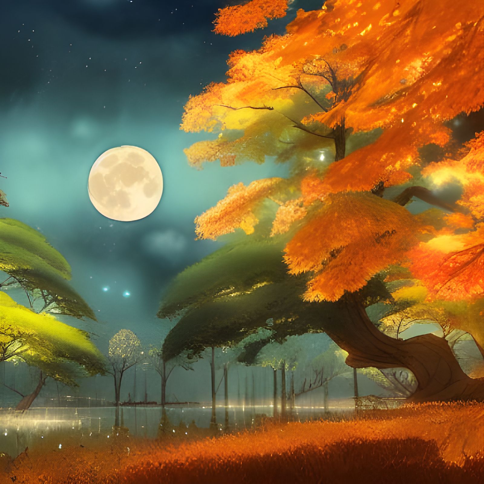 Ghibli-Inspired Autumnal Moon Watercolor Painting