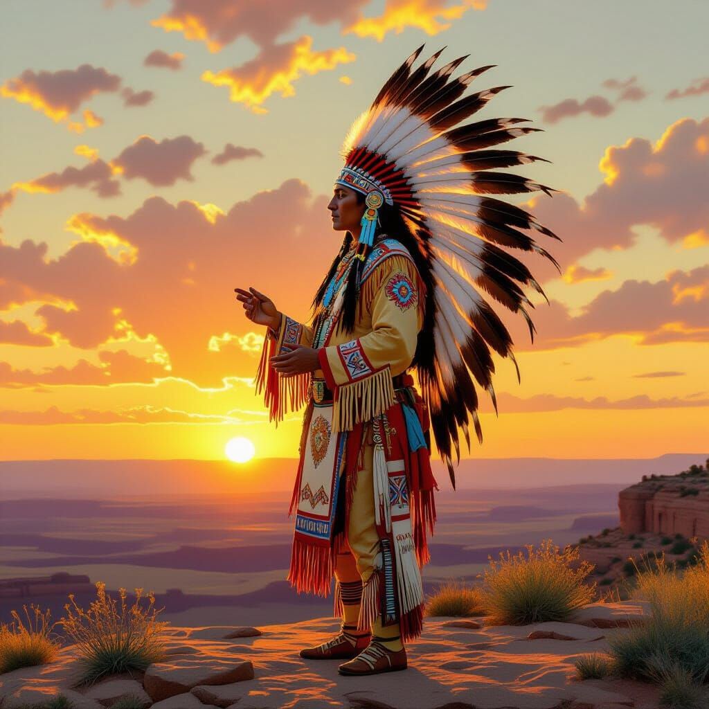 Native American Chieftain Ritual at Dawn, Landscape Painting