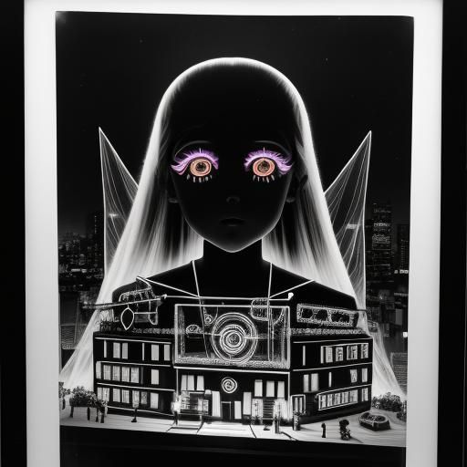 Surreal Rayograph with Rainbow Fairy and Neon Cityscape