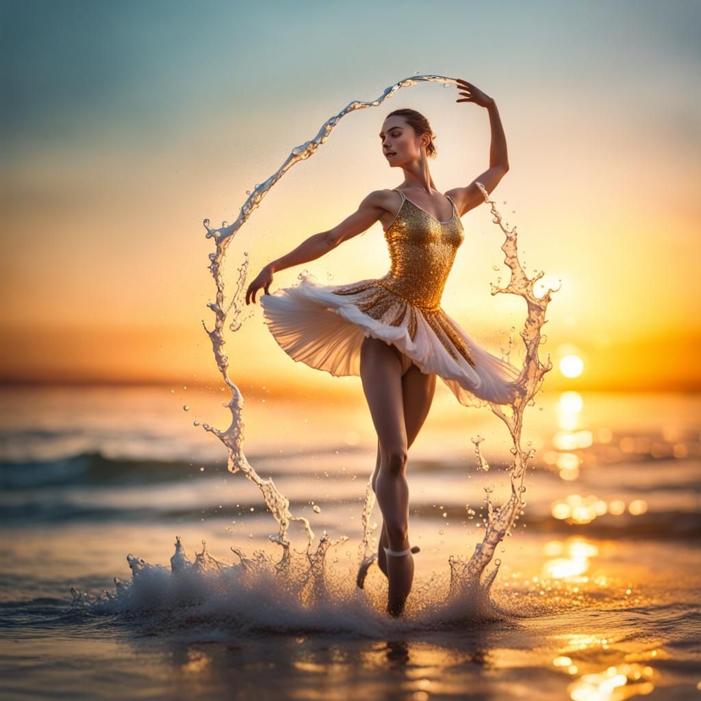 Hyperrealistic Water Splash Ballerina at Sunset