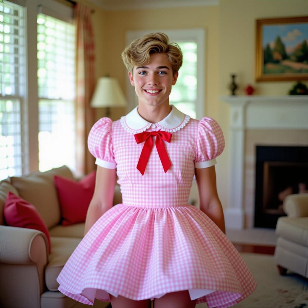 Humiliated Man Crossdressing in Pink Gingham Dress