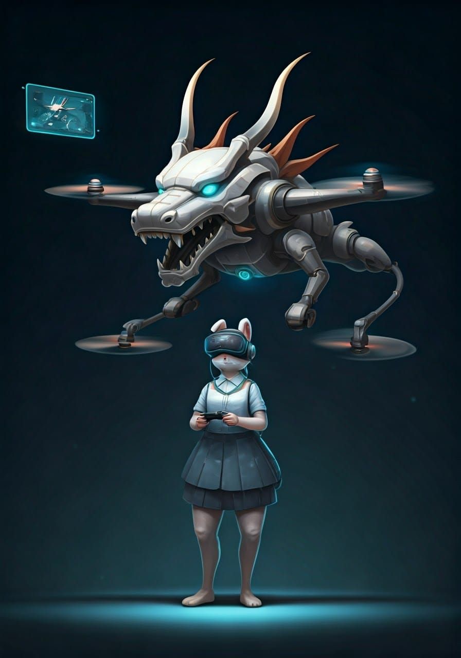 Rabbit Piloting Dragon Drone with VR Headset