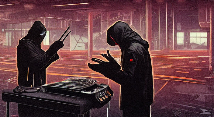 Cyberpunk Figure Plays Keys in Dystopian Abandoned Warehouse