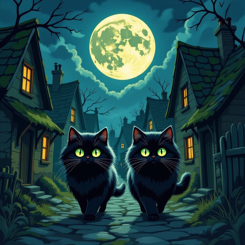 Cartoon Black Cats Under the Moonlight