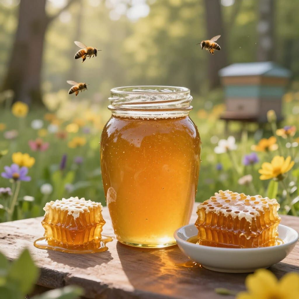 Golden Honey Jar and Forest Scene in Morning Light