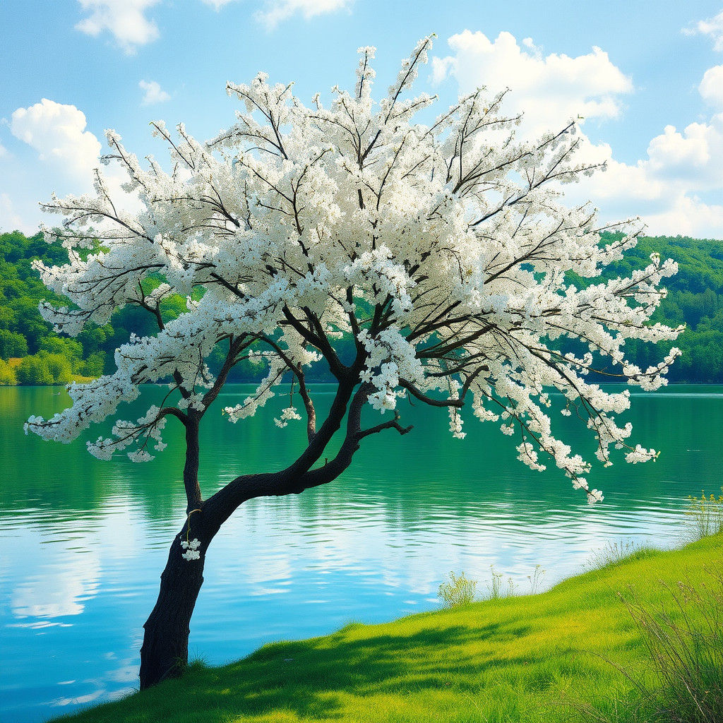 Tranquil Lakeside Tree with White Blossoms in Impressionist ...