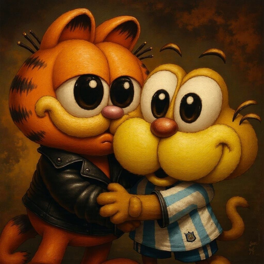 Garfield and Gaturro Embrace in Cyberpunk Oil Painting