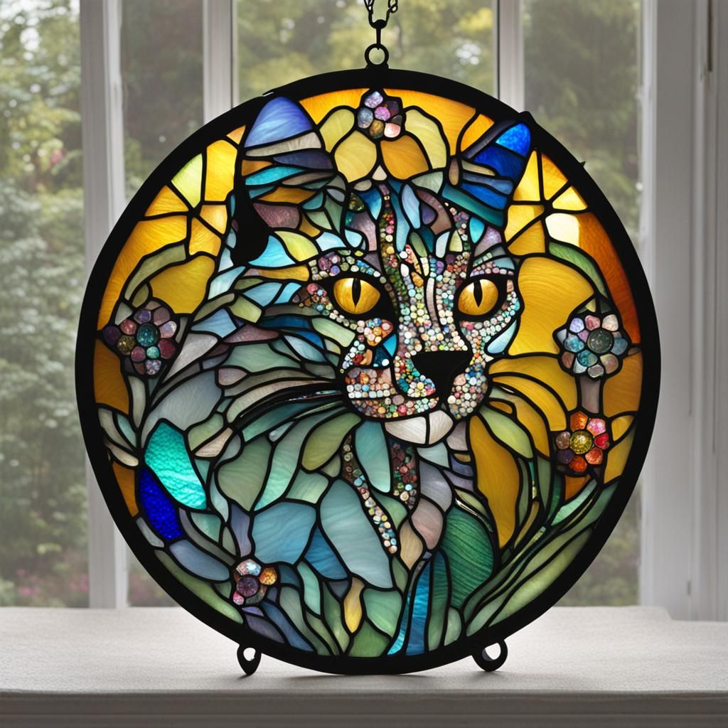 Jeweled Cat Stained Glass Window