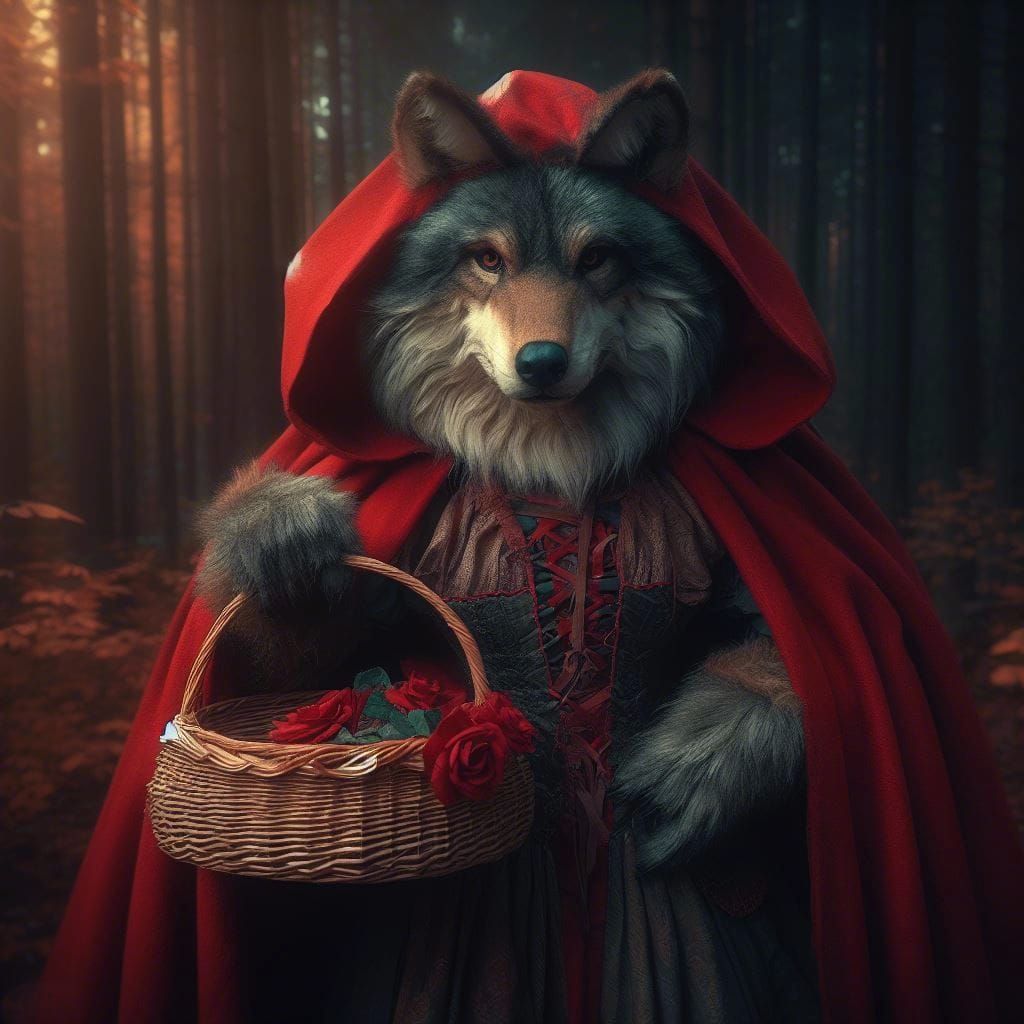 Wolf Cosplaying as Red Riding Hood: Fantasy Art