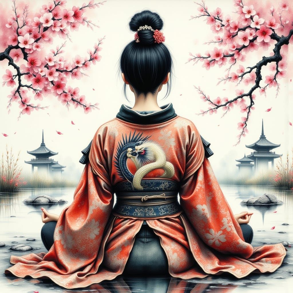 Samurai in Lotus Pose with Dragon, Gouache Style