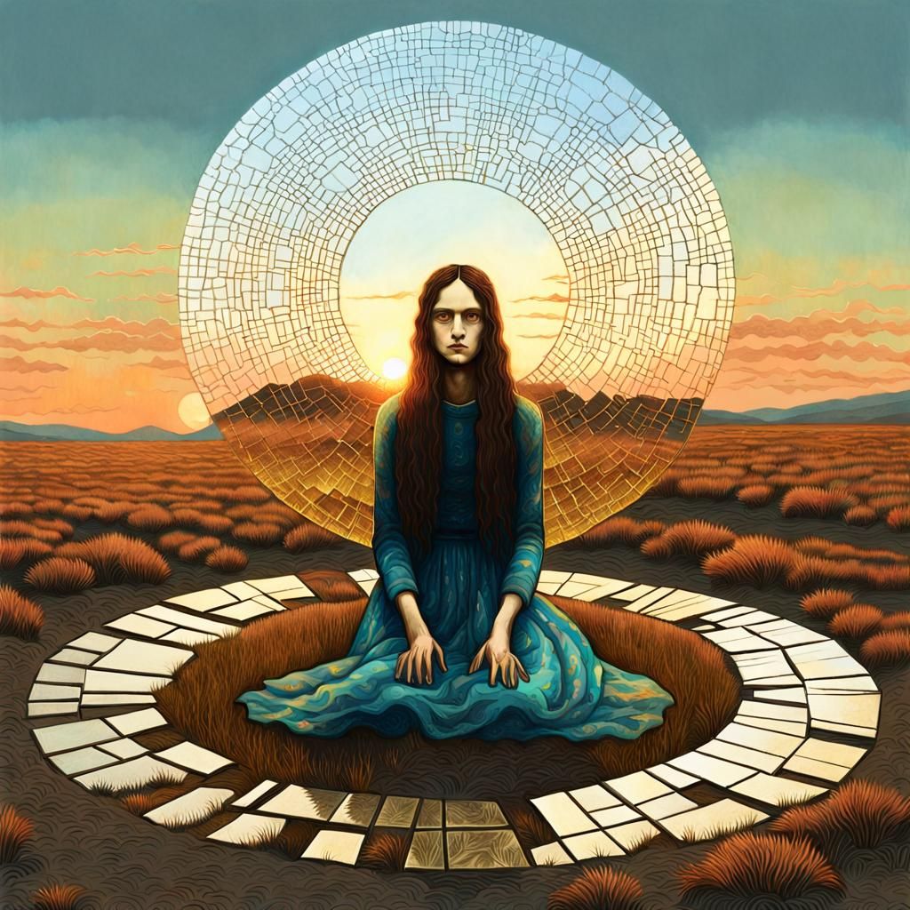 Surreal Sculpture of Woman at Sunset with Bio Art