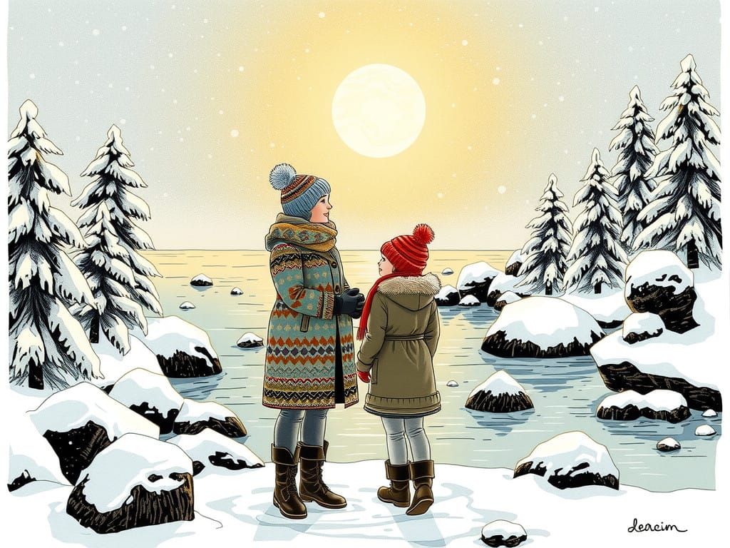 Winter Mother and Child in Golden Sunrise Glow