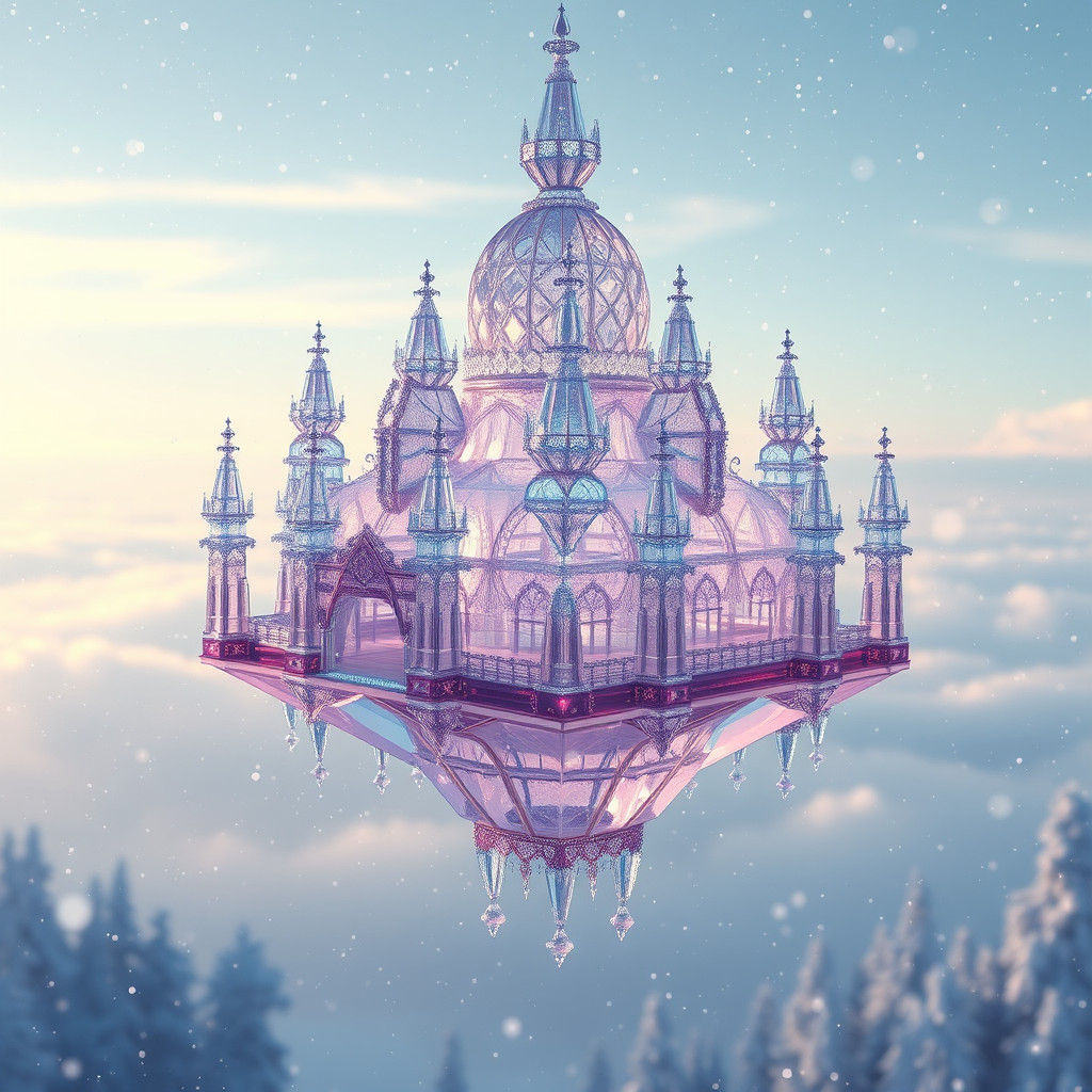 Crystal Palace Suspended in Snowy Sky: Fantasy Concept Art