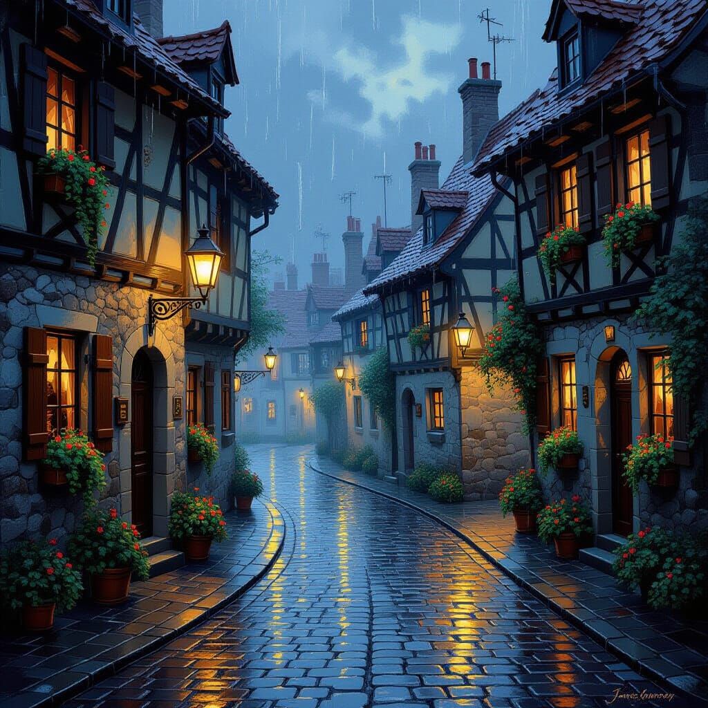 Rainy Night in Old European Street, Oil Painting