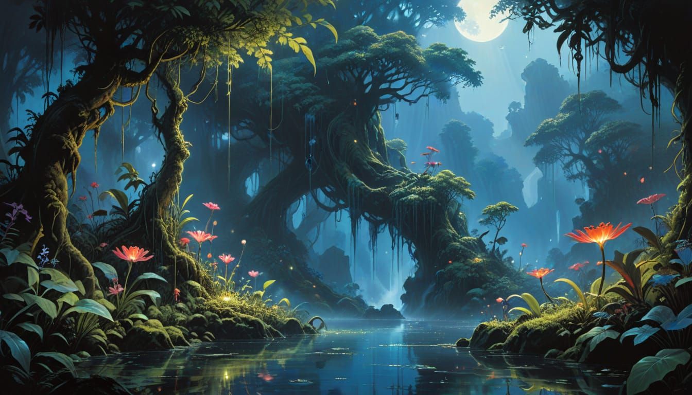 Bioluminescent Jungle at Twilight with Two Moons