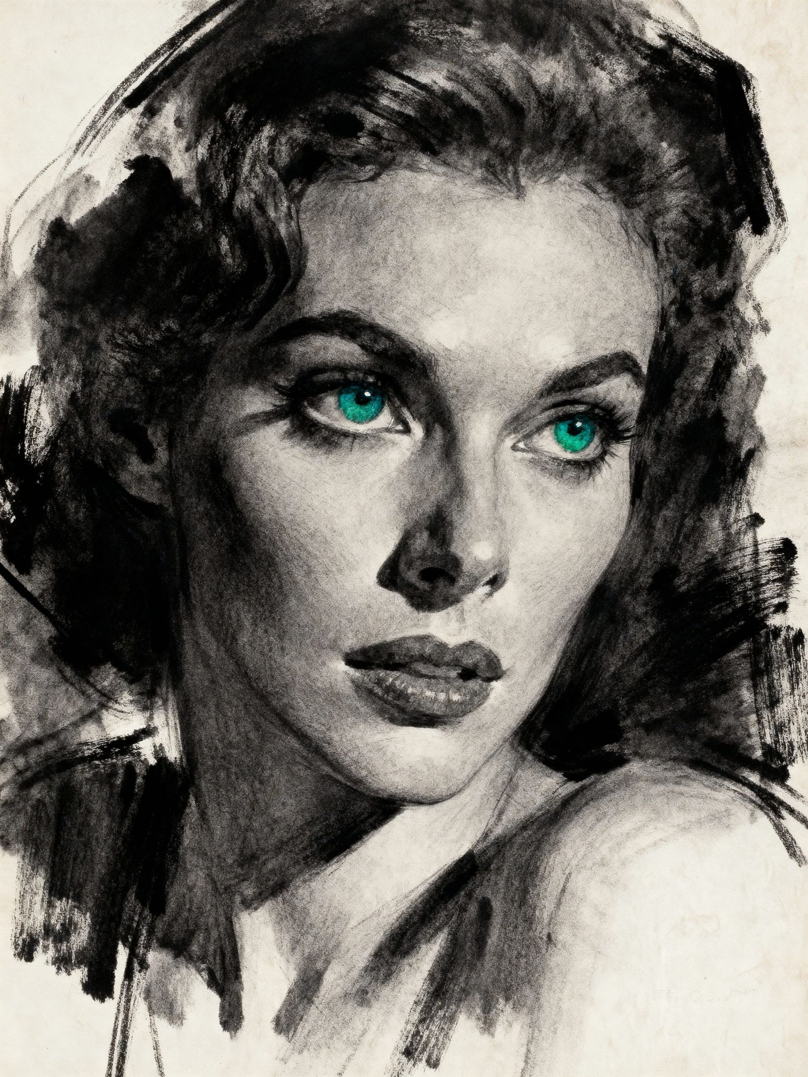 Expressionist Sketch of Woman with Intense Blue-Green Eyes