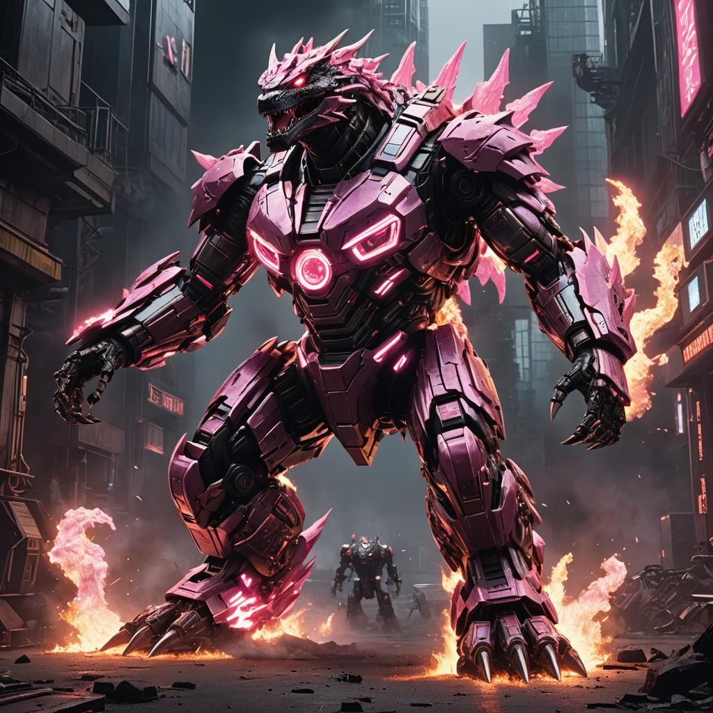 Pink Mecha Godzilla with Flamingo Tail in Sci-Fi Scene