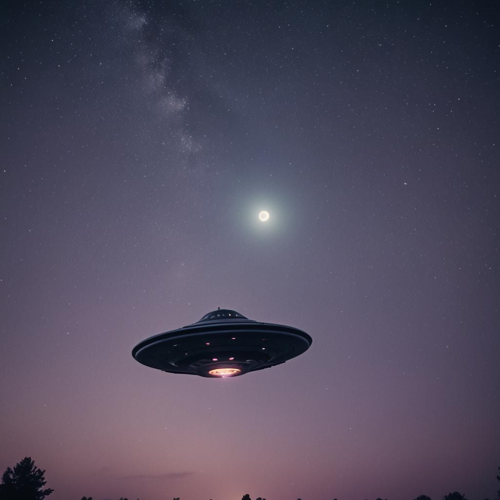 Flying Saucer in Starry Night Sky: Cinematic Film Still