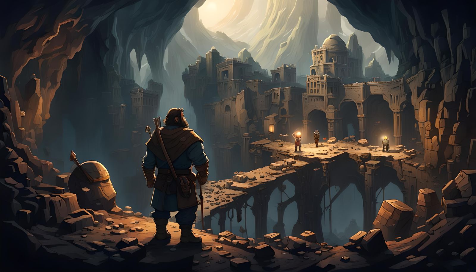 Dwarf Miner Overlooking Ancient Subterranean Mine Ruins