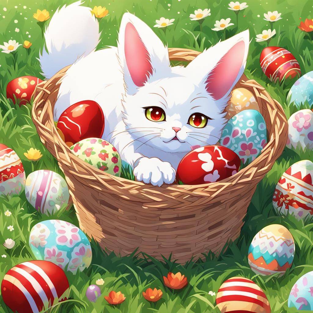White Cat with Bunny Ears and Easter Eggs in Anime Style