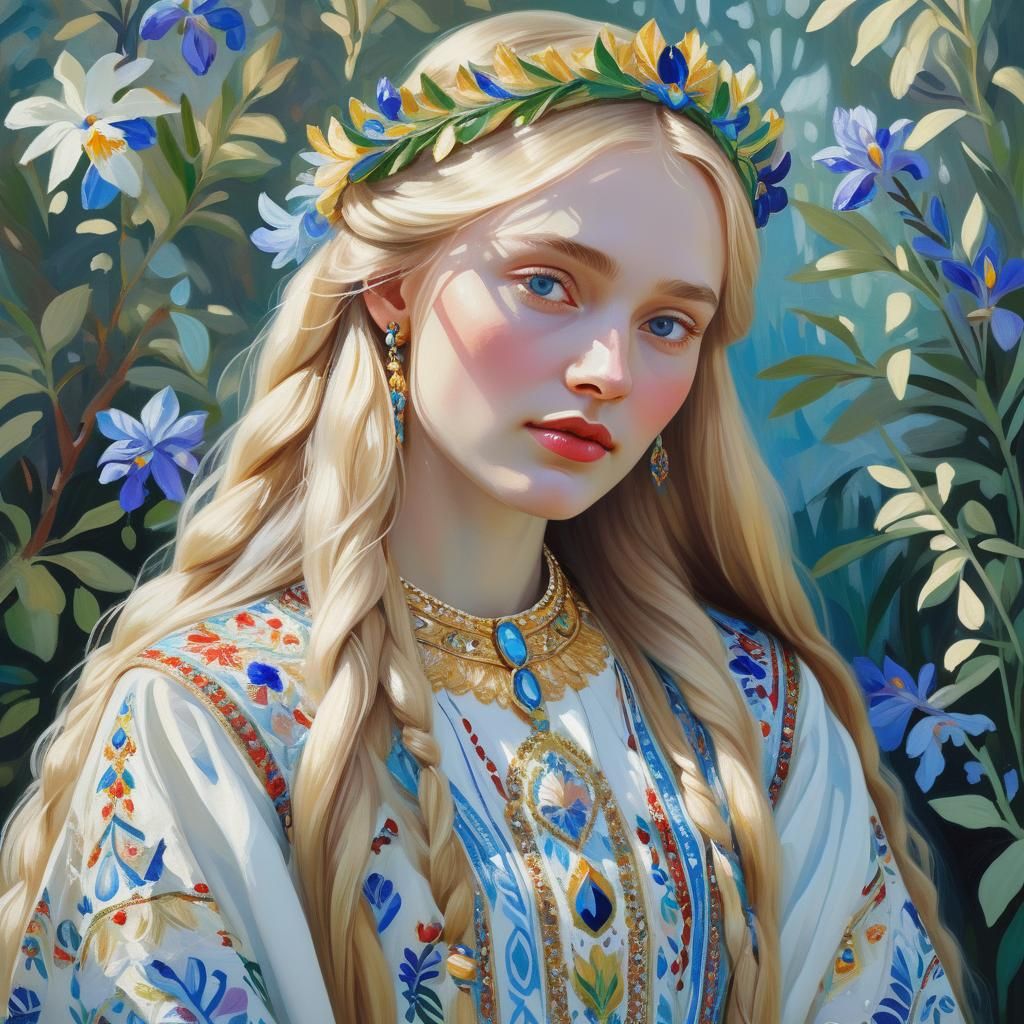Slavic Beauty in Fauvist Portrait with Laurel Wreath