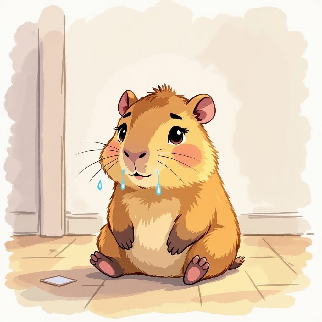 Sad Baby Capybara Crying About School in Watercolor Style