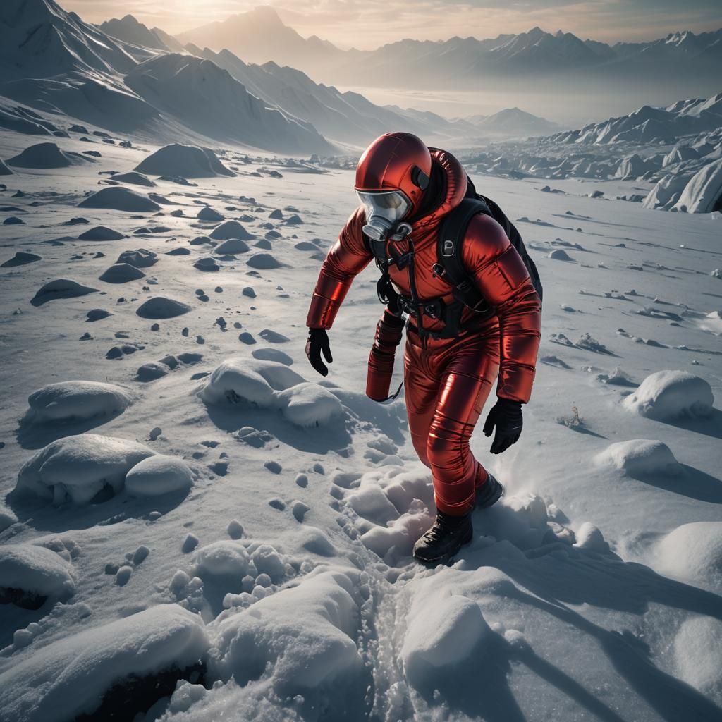 Person in Red Puffer Suit: Sci-Fi Concept Art